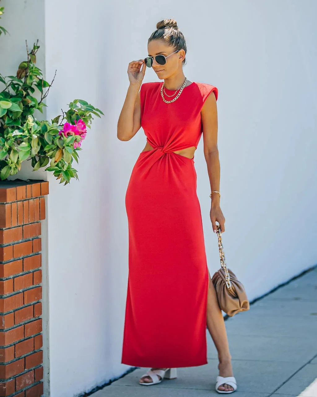 Vestido Longo Sem Mangas Com Fenda Justa - Alina