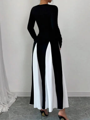 Vestido Longo Casual Elegante Preto e Branco Retalhos - Opal