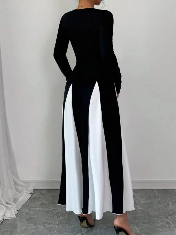 Vestido Longo Casual Elegante Preto e Branco Retalhos - Opal