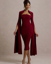 Vestido Midi Elegante com Decote Quadrado e Fenda nas Costas - Petra