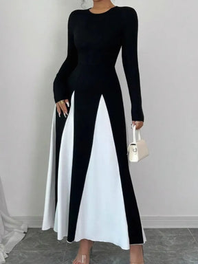 Vestido Longo Casual Elegante Preto e Branco Retalhos - Opal