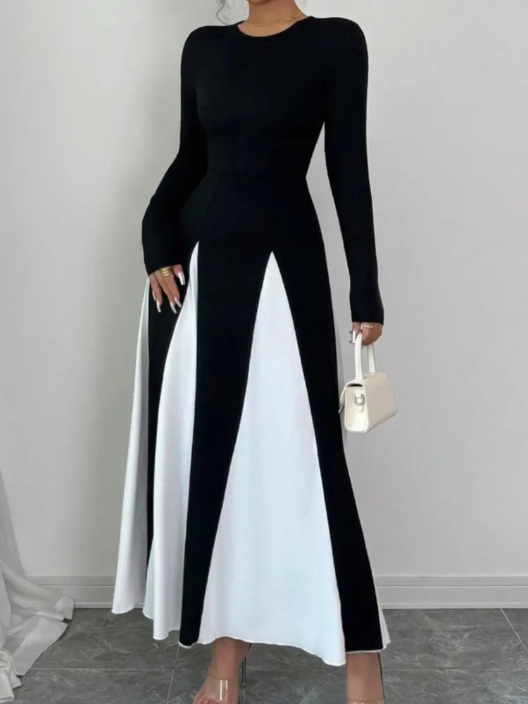 Vestido Longo Casual Elegante Preto e Branco Retalhos - Opal