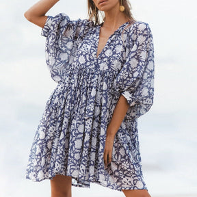 Vestido Curto Solto Estampado de Meia Manga Floral - Mirela