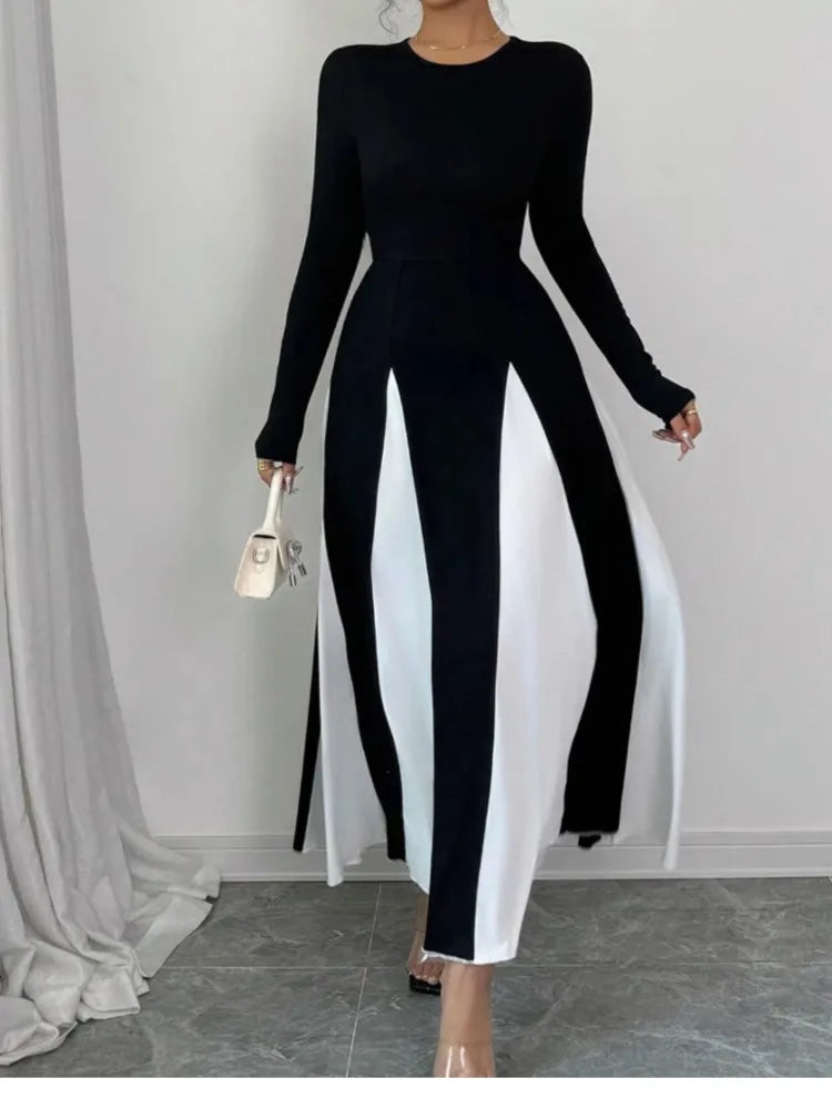 Vestido Longo Casual Elegante Preto e Branco Retalhos - Opal