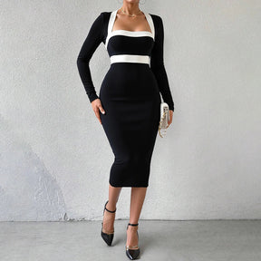 Vestido Midi com Manga Longa e Decote Quadrado - Juno